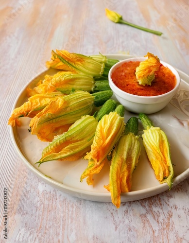 Gourmet stuffed zucchini flowers with creamy ricotta and spicy sauce photo