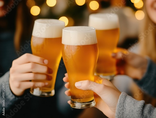 Cheers with frosty beer glasses in a joyful celebration, perfect for capturing moments of friendship and good times. photo