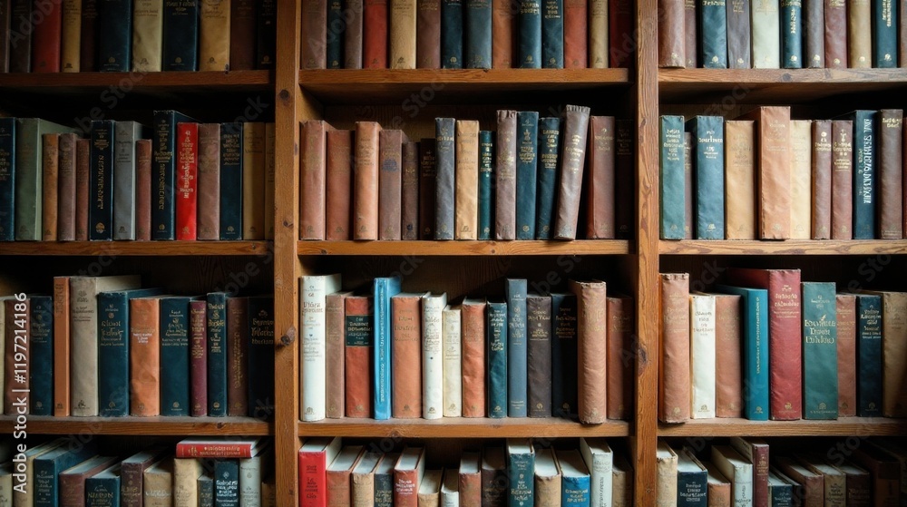 A well-organized collection of antique books displayed on wooden shelves, showcasing a variety of colors and sizes, creating an atmosphere of quiet study and intellectual pursuit A well-organized collection of antique books displayed on wooden shelves, showcasing a variety of colors and sizes, creating an atmosphere of quiet study and intellectual pursuit