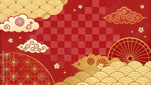 Traditional New Year Landscape with Pagoda, Cherry Blossoms & Geometric Patterns.