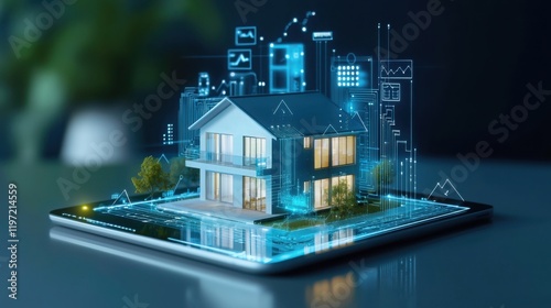 A futuristic house model displayed on a tablet, featuring glowing digital elements and a city skyline, showcasing advanced technology in architecture.