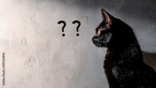 Curious black cat stares at wall with question marks