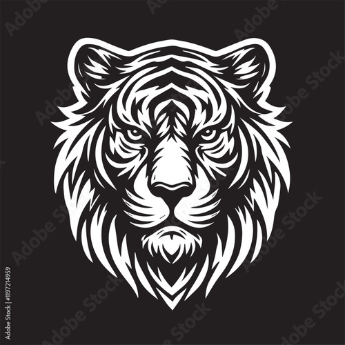 Monochrome tiger face logo, symbolizing power, strength, and wild nature, perfect for branding.