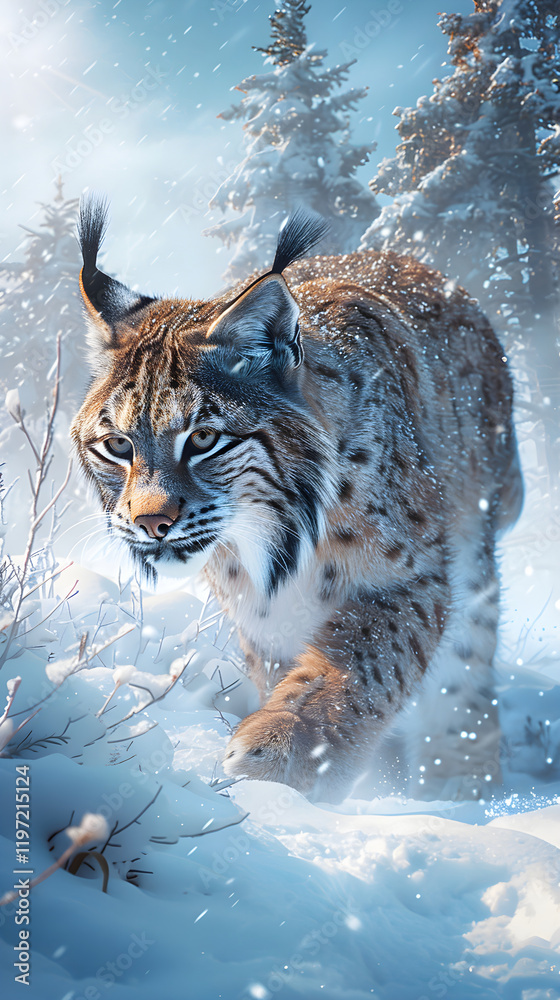 Obraz premium Winter Wonderland: A Stalk in the Snow - Capturing the Lynx in its Pristine, Snowy Habitat