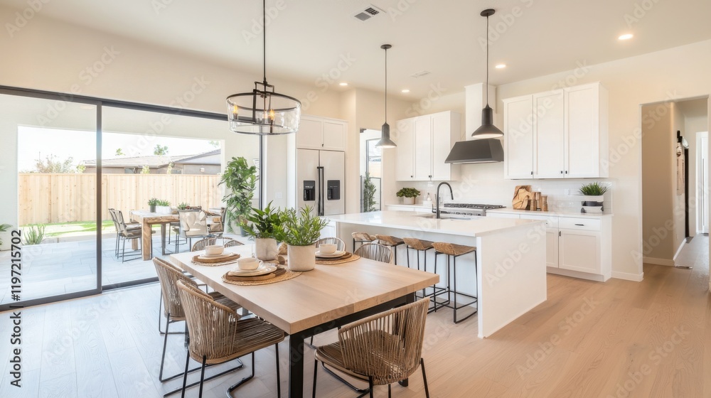 Fototapeta premium A bright, modern kitchen and dining area featuring a wooden table, stylish decor, and large windows overlooking an outdoor space.