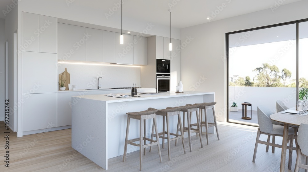 Fototapeta premium A modern, minimalist kitchen featuring sleek cabinetry, a large island, and natural light flowing in from large windows.