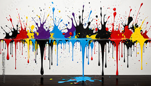 Dripping colorful paint background with vibrant splashes on a white wall