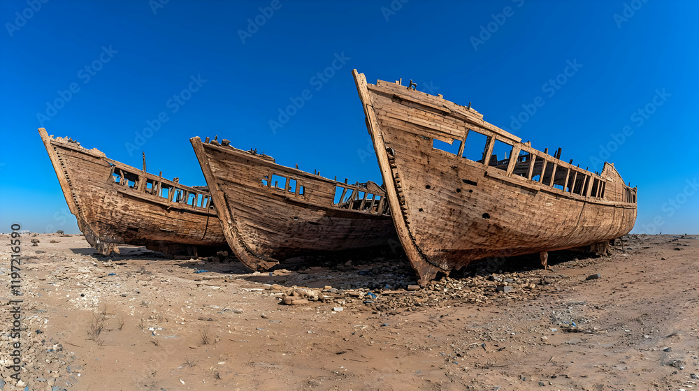 Sun-Bleached Wooden Shipwrecks on Desert Shore Sun-Bleached Wooden Shipwrecks on Desert Shore