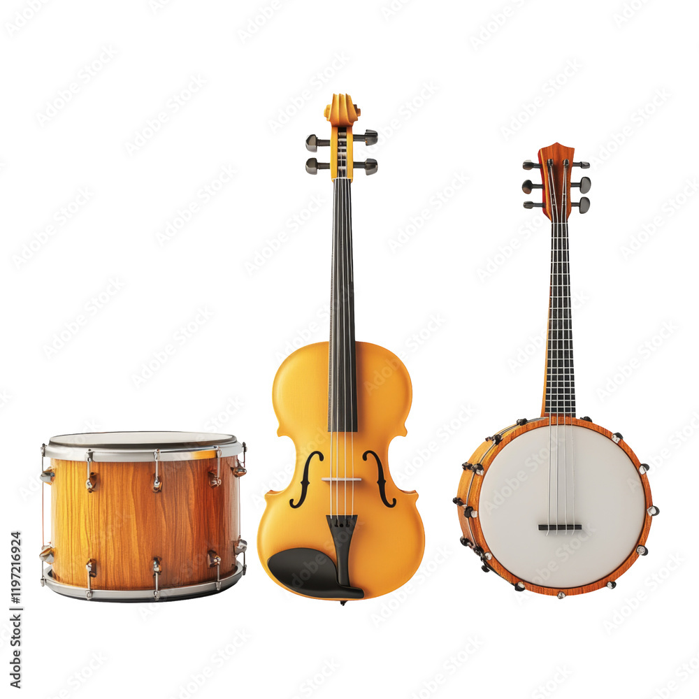 Fototapeta premium Mini Musical Instruments Set Including Guitar, Violin, Banjo