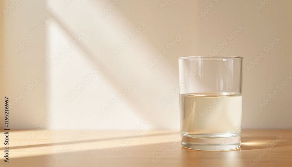 Glass of clear water on sunlit wooden table, minimalist style. Glass of clear water on sunlit wooden table, minimalist style.