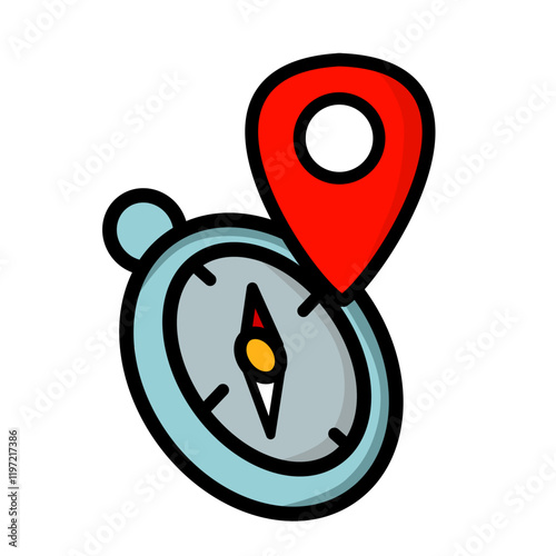 round compass icon with red map symbol
