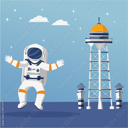 Astronaut in Raumanzug vor futuristischer Raumstation – Vektor Illustration