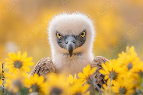 A vulture surrounded by blooming wildflowers in an unusual juxtaposition of beauty and foreboding photo