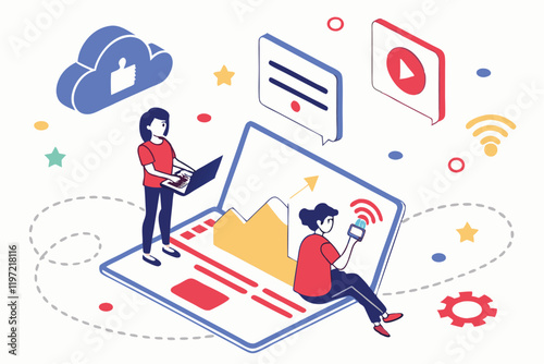 Flat design illustration, social media concept, laptop with tiny people, digital icons floating, colorful app symbols, online communication, vector graphics, minimalist characters, tech lifestyle, clo