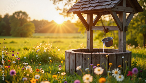 Rustic wooden water well in wildflower meadow at sunrise photo