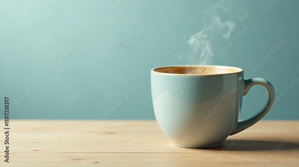 A steaming cup of coffee sits on a light wooden surface against a tranquil teal backdrop, offering a moment of peaceful warmth and simple pleasure A steaming cup of coffee sits on a light wooden surface against a tranquil teal backdrop, offering a moment of peaceful warmth and simple pleasure
