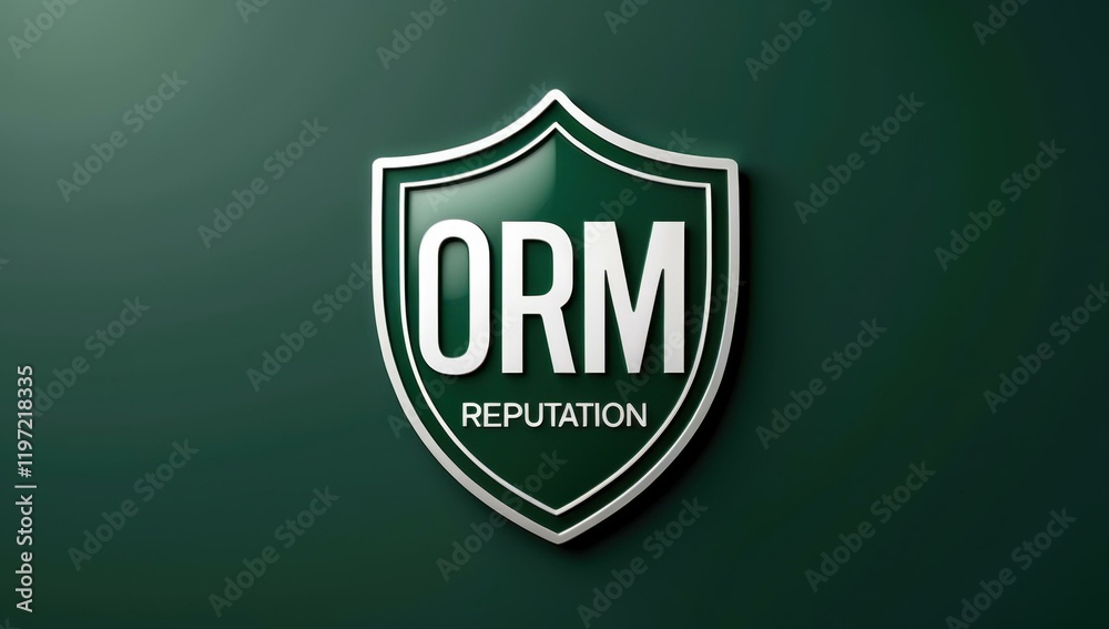 Fototapeta premium Dark green shield with ORM reputation text, security and trust concept, business and digital marketing background, corporate protection, data safety, modern professional design pattern