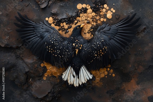 A wounded bird lying on the ground, its wings slightly spread, surrounded by soft shadows and muted earthy tones