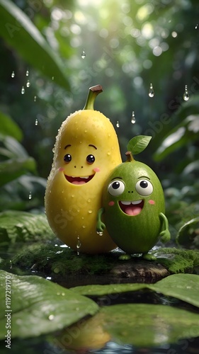 Two cute cartoon-style fruit characters, perfect for children's themes