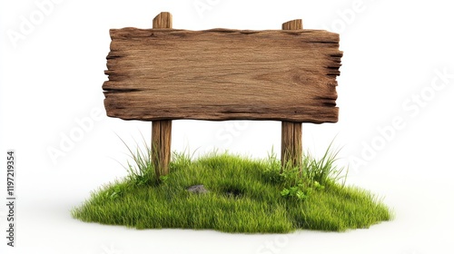 Blank rustic wooden sign on grassy mound.