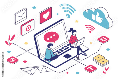 Flat design illustration, social media concept, laptop with tiny people, digital icons floating, colorful app symbols, online communication, vector graphics, minimalist characters, tech lifestyle, clo