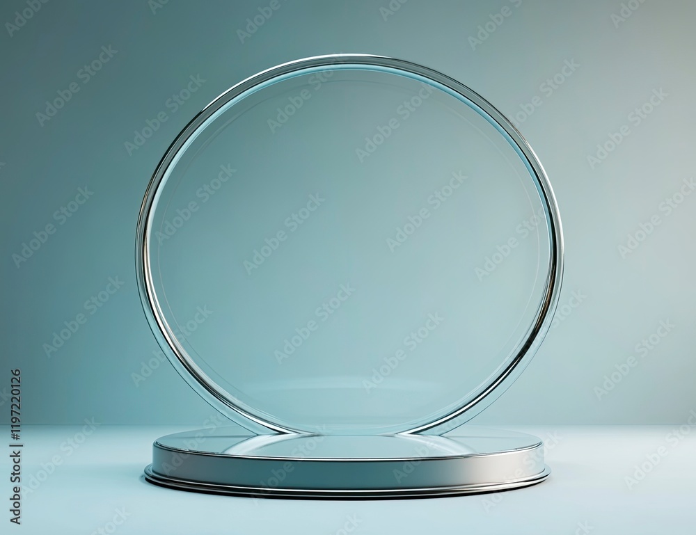 3D render of an empty, minimal podium platform with a light blue background, featuring glass and metal materials, gradient lighting, 3D render of an empty, minimal podium platform with a light blue background, featuring glass and metal materials, gradient lighting,