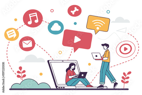 Flat design illustration, social media concept, laptop with tiny people, digital icons floating, colorful app symbols, online communication, vector graphics, minimalist characters, tech lifestyle, clo