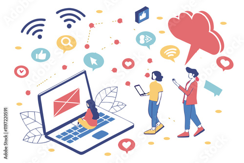 Flat design illustration, social media concept, laptop with tiny people, digital icons floating, colorful app symbols, online communication, vector graphics, minimalist characters, tech lifestyle, clo