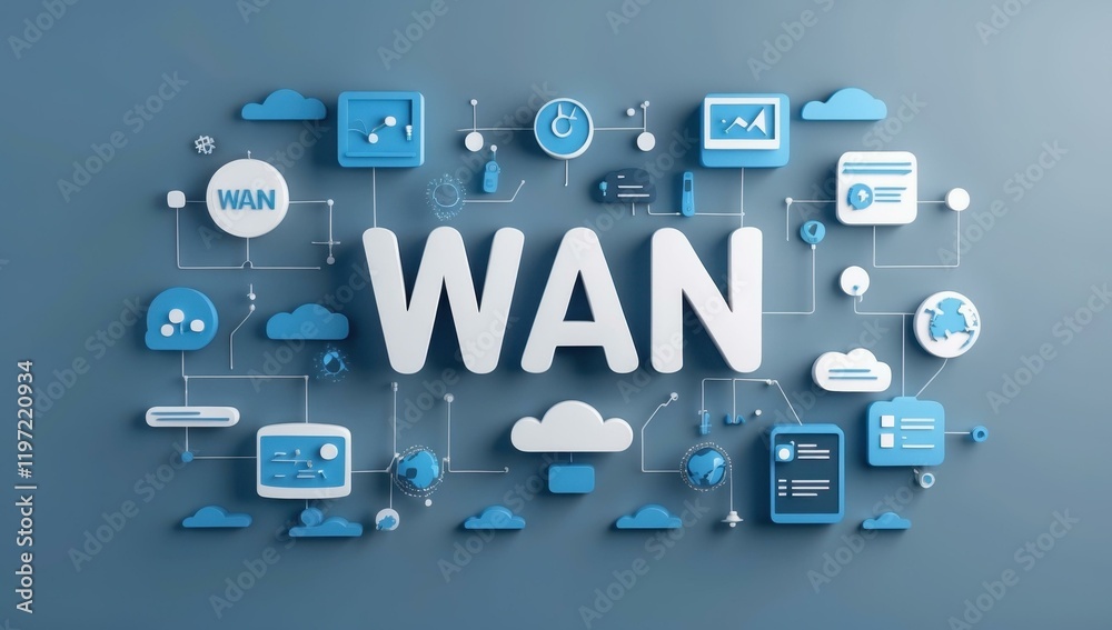 WAN text title in center and monitor manage content system web information in sky blue white charcoal colors WAN text title in center and monitor manage content system web information in sky blue white charcoal colors