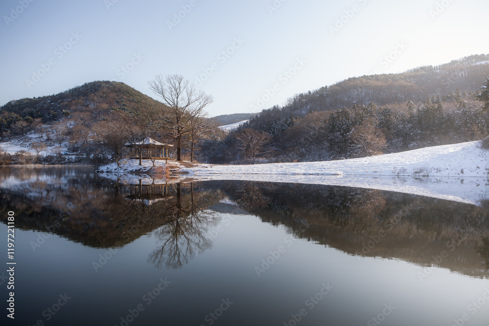 Fototapeta premium 눈 덮힌 정원, 정자와 물안개 피는 겨울 아침 풍경