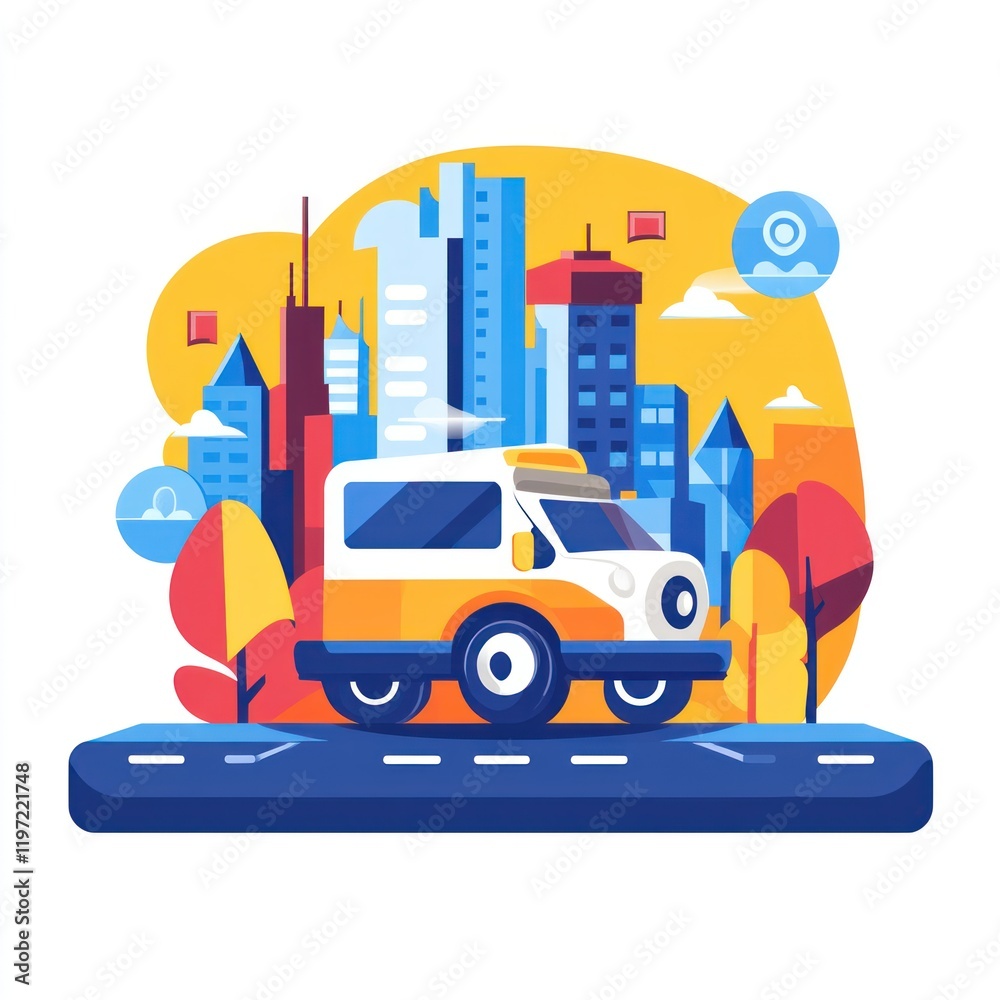 Naklejka premium Yellow van on city street, flat design illustration.