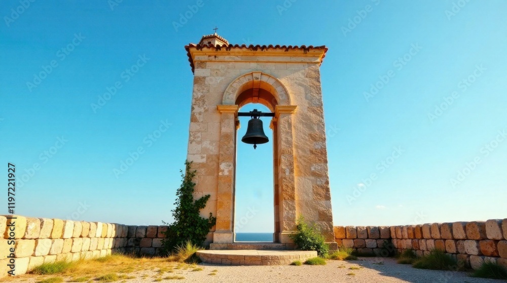 Obraz premium Serene coastal bell tower with stone archway, overlooking a tranquil ocean vista under a vibrant summer sky