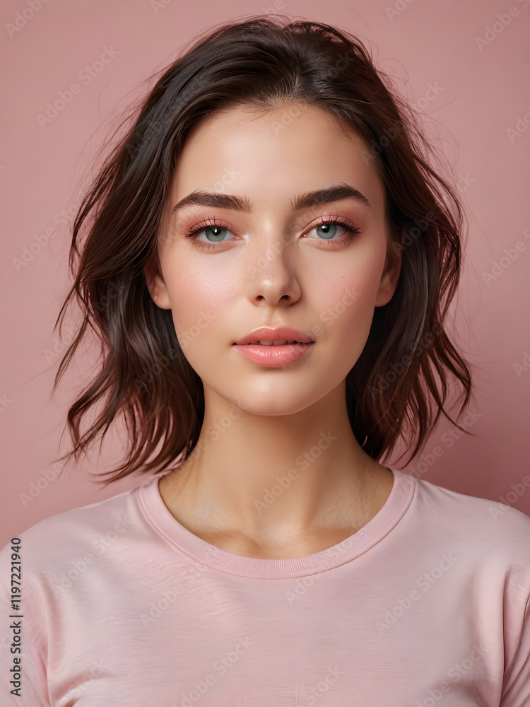 Fototapeta premium Elegant Brunette Model Woman with Natural Waves in a Soft Pink Dress, glowing skin, and a warm, beautiful photography. Generative AI.