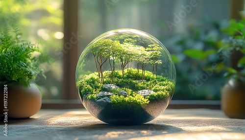Glass sphere holding miniature forest under sunlight, placed in a creative indoor studio with artistic details and cozy atmosphere