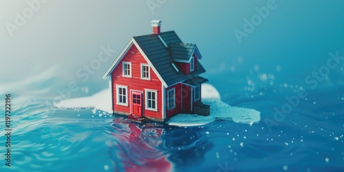 Red house isolated on water, threatened by flooding.