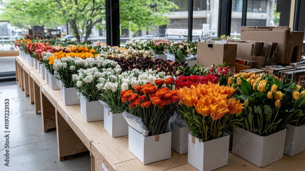 Fototapeta premium Vibrant Floral Display in a Modern Shop with Colorful Bouquets and Fresh Blooms