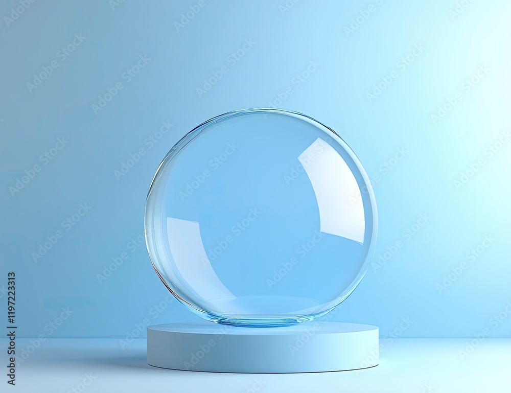 3D rendered podium with a blue background and a glass circle shape on top. 3D rendered podium with a blue background and a glass circle shape on top.