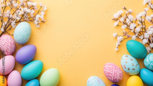 Flat lay Easter scene, soft yellow background, scattered colorful eggs, minimal floral decor, simple layout. photo