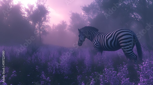 A lone zebra stands in a field of purple flowers at sunrise, shrouded in mist.