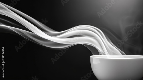 Steamy white ceramic bowl emitting aromatic smoke against black background