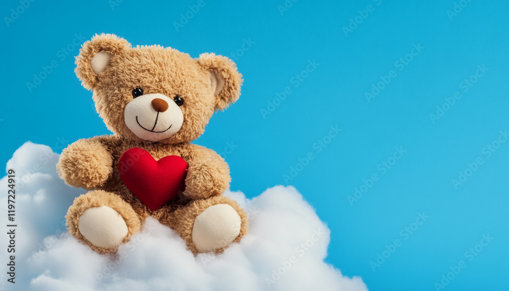 Obraz premium A dreamy sky background with a teddy bear floating on a cloud - Perfect for children's designs or whimsical themes