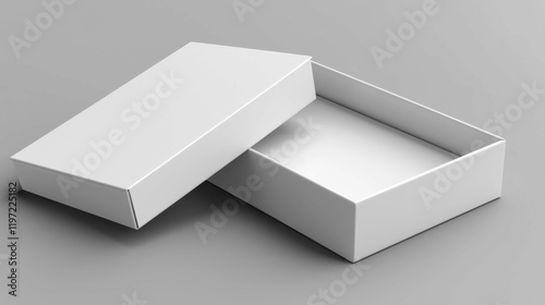 A minimalist white box mockup with a separate lid shown on a gray background, ideal for showcasing branding and packaging designs.