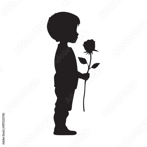 Kid with a rose flower in hand silhouette vector illustration