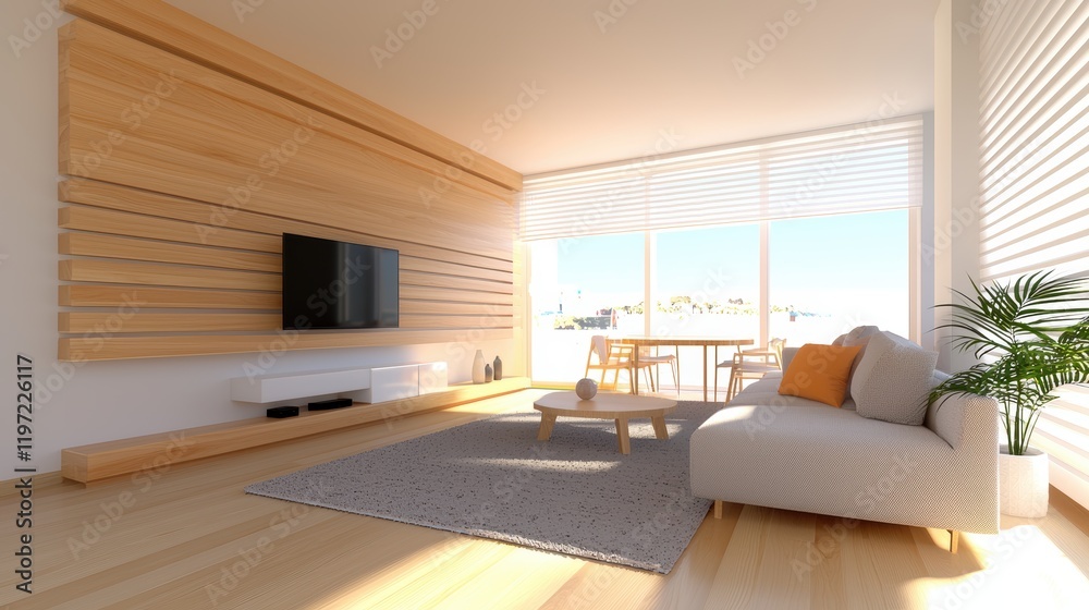 Fototapeta premium An open plan living area with a modular sofa system, a minimalist media console, and a sleek dining table and chairs, creating a flexible and functional living space.