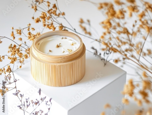 A handmade jar with a natural candle, woven from cotton and designed in a traditional basketwork style. Suitable for aromatic gifts or home decor.