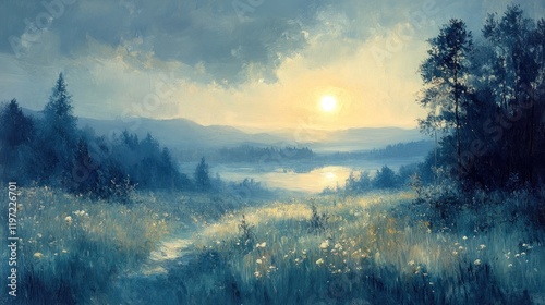 Wallpaper Mural Serene sunset over a tranquil lake and meadow, with distant mountains under a cloudy sky. Torontodigital.ca