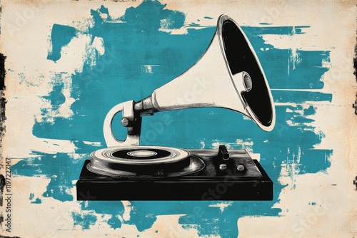 A vintage-style poster featuring a white gramophone on a muted beige background, with bold retro typography and subtle distressing