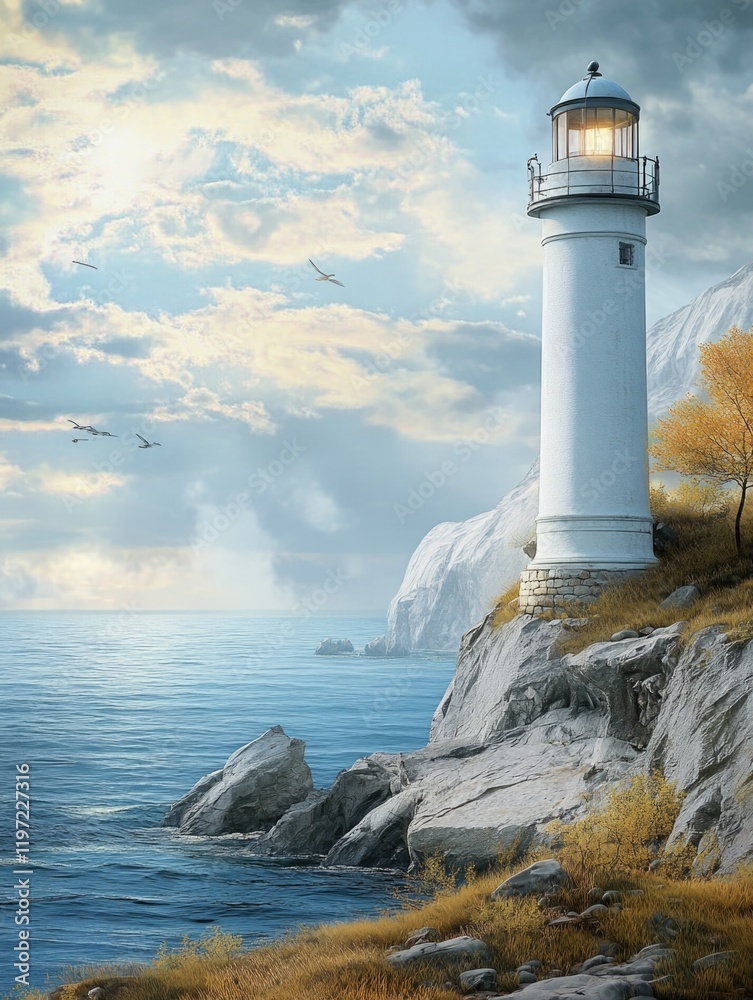 Naklejka premium Glowing lighthouse overlooking serene ocean. Birds and calm sea. Lonely island under cloudy sky.