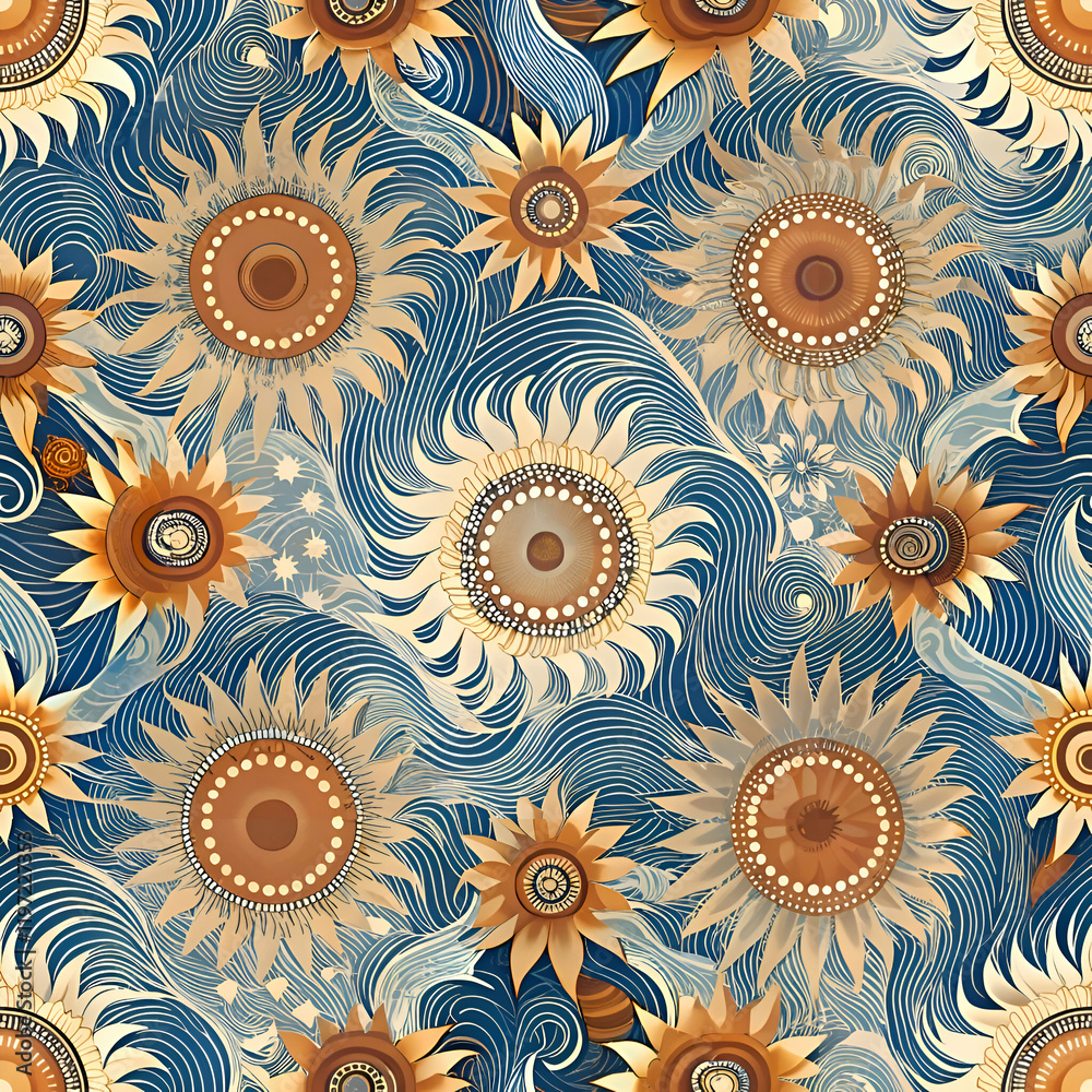 Golden sunflowers on a blue wavy background