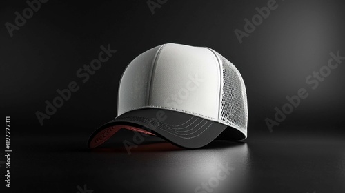 A stylish white cap with a black visor and mesh back displayed on a sleek black surface, showcasing a modern design.